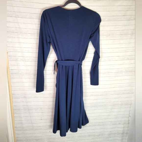 KAY UNGER NAVY BLUE LONG SLEEVE FAUX WRAP DRESS, SZ 2 - Picture 8 of 12